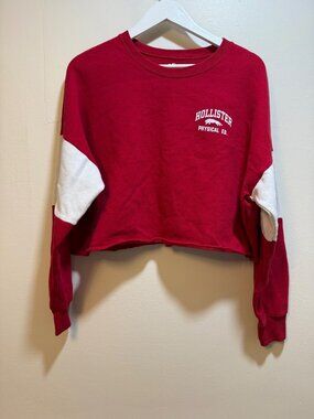 Hollister Red Cropped Sweatshirt With Contrast Sleeves Physical Ed. Graphic Wome